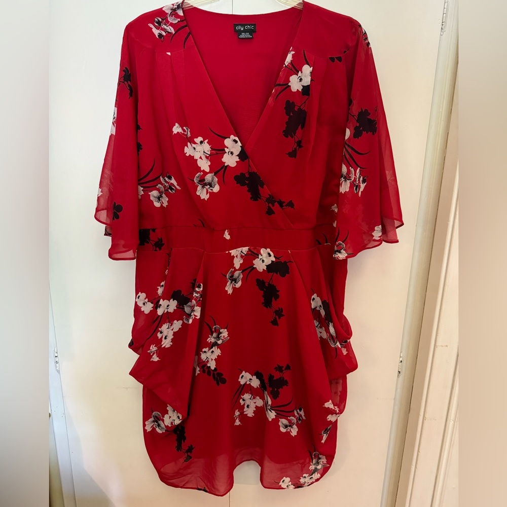 Red Wrap Short Dress - Draped Hips - Sheer Sleeves - City Chic XXL 24W